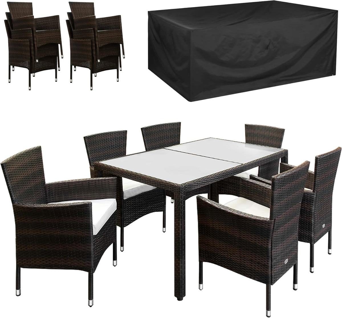 Gartenmöbel-Set, 150 × 90 cm, 7 cm, 160 kg, wasserabweisend, aus Polyrattan, für den Garten und die Terrasse, Braun/Schwarz/Weiß, Casaria