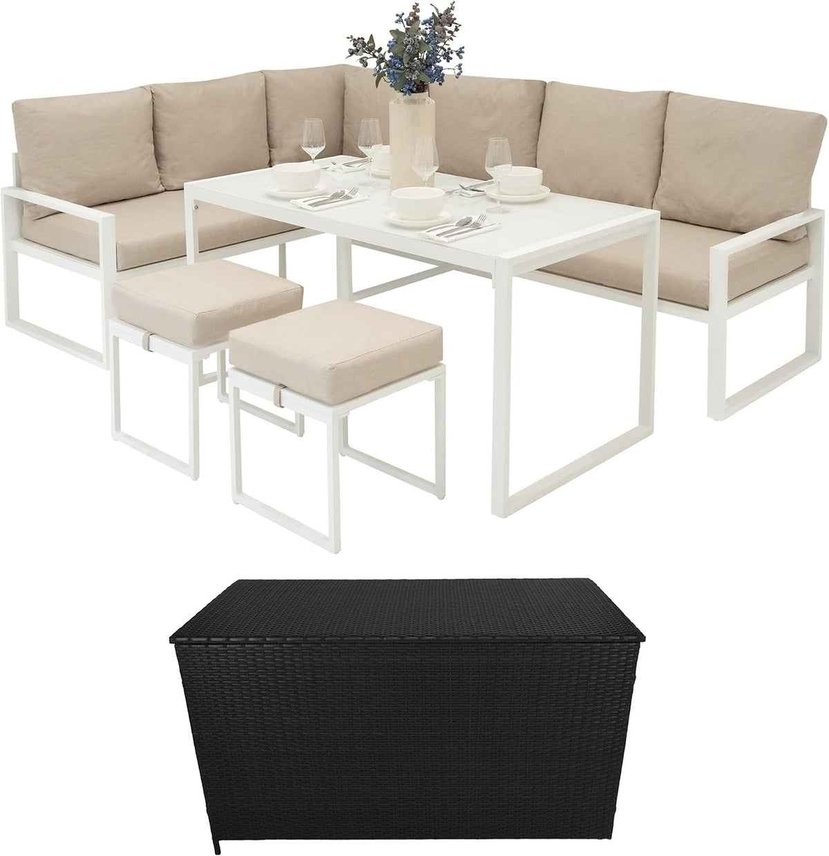 Gartenmöbel-Set, 582 L, wasserdicht, mit Stauraum, für den Garten, aus Aluminium und Polyrattan, Weiß/Beige/Schwarz, Monster Shop