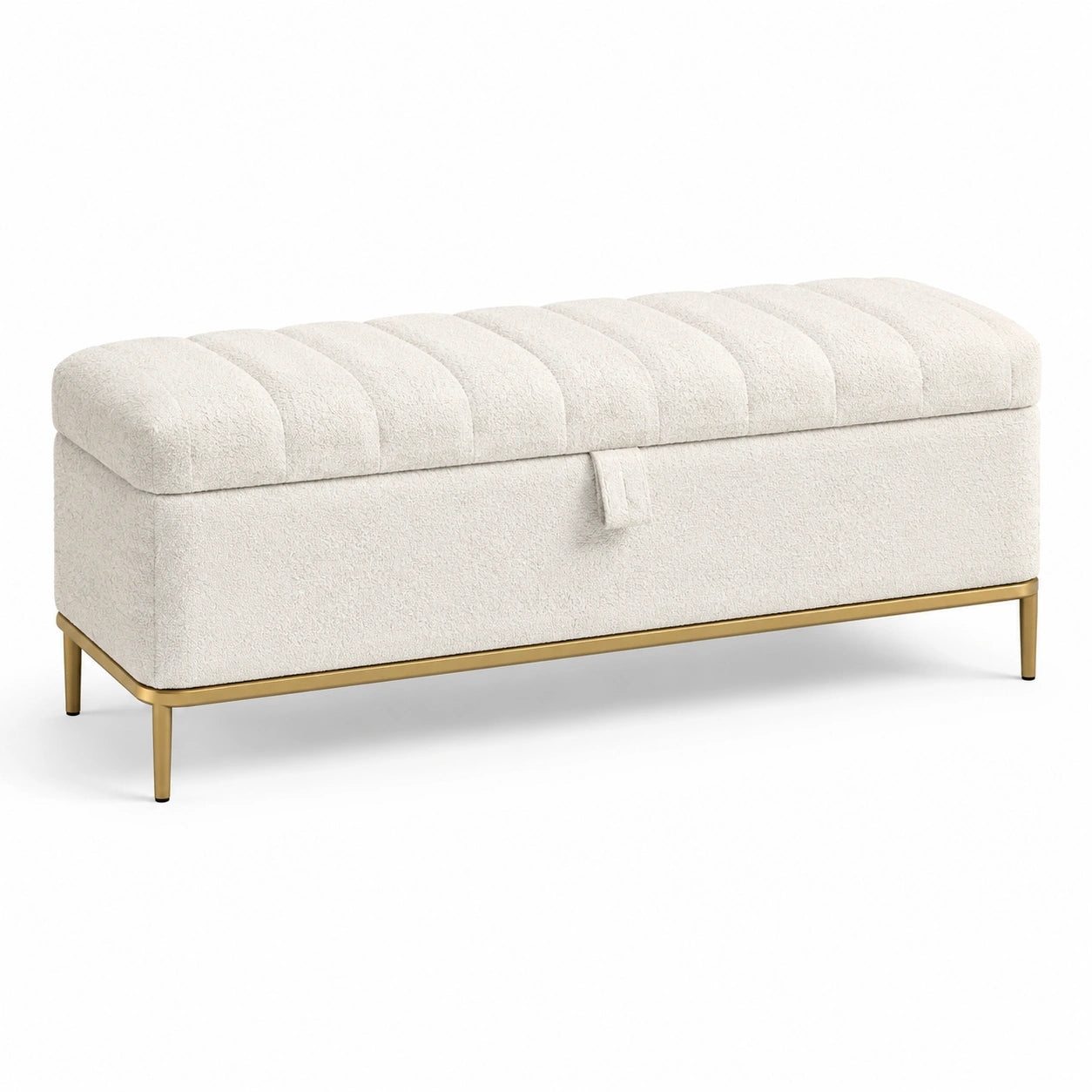Aufbewahrungsbank Bouclé-Stoff Cremeweiß Goldmetallbeine 120x40x45 cm