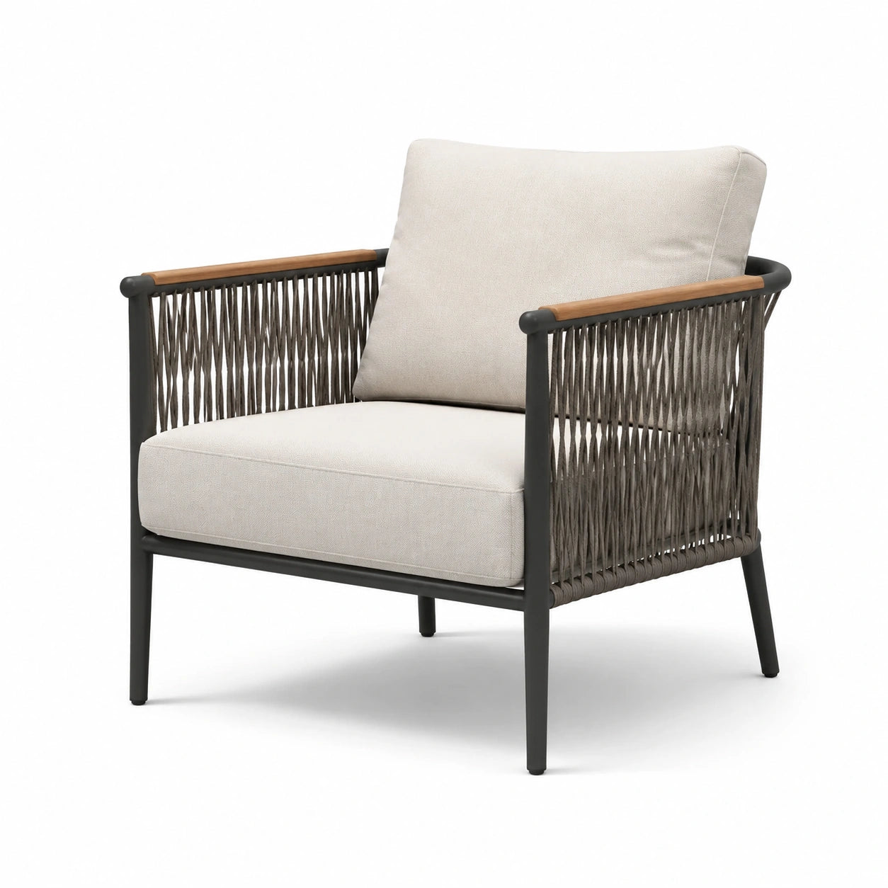 Sessel mit Aluminium, Holzarmlehnen und Polyesterkissen Beige