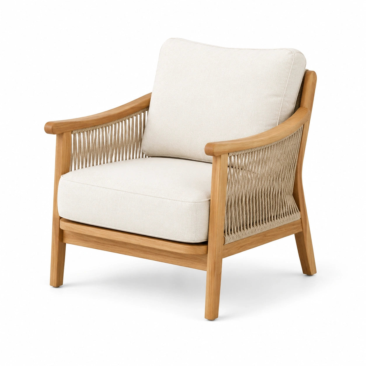 Sessel aus Teakholz mit Polyester-Seilgeflecht und Polster in Creme
