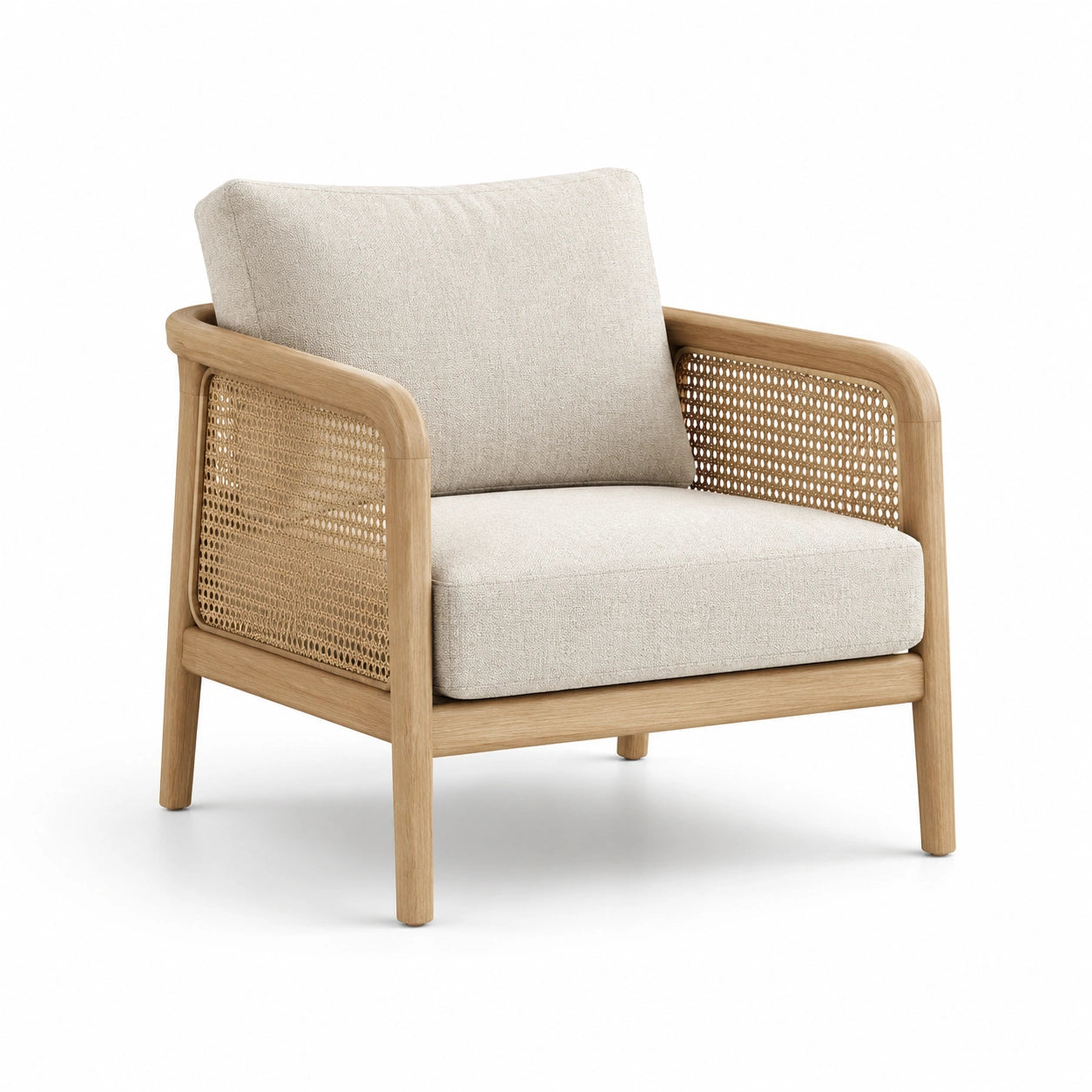 Stoffsessel aus Eichenholz mit Leinenkissen Beige