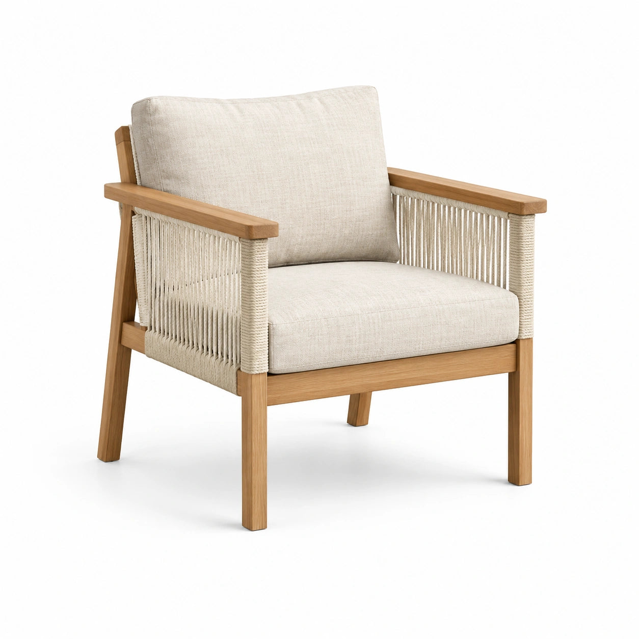 Holzsessel mit Leinenpolsterung in Beige