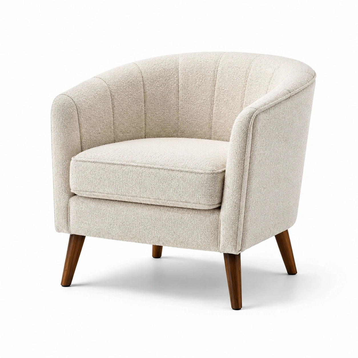Runder Sessels aus Polyester-Bouclé mit Holzbeinen in Creme
