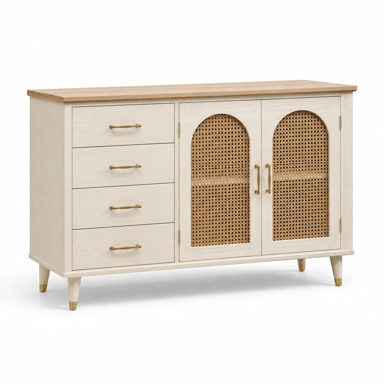 Sideboard aus Eichenholz und Rattan in Creme