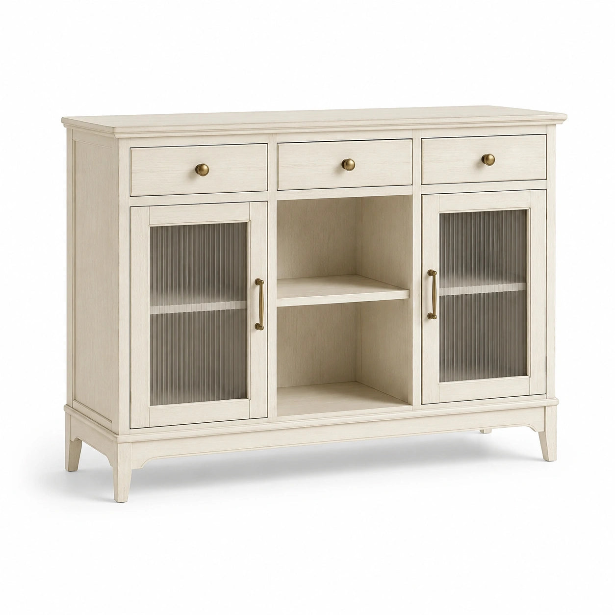 Weißes Holz-Sideboard mit geriffeltem Sicherheitsglas 150x40x90cm