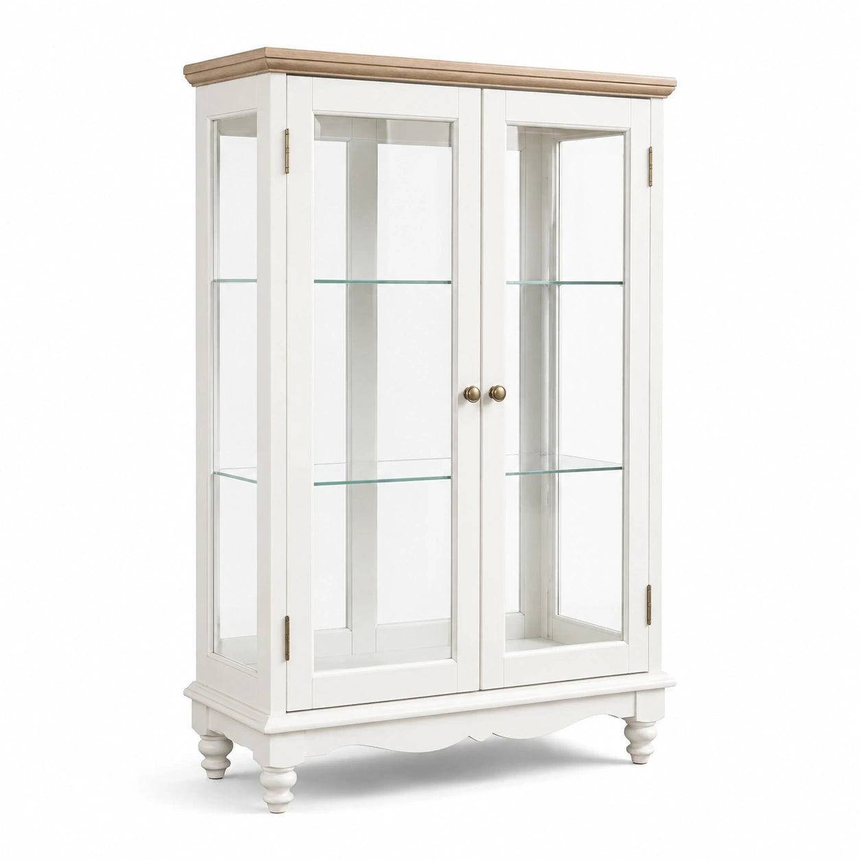 Vitrine aus Holz mit gehärtetem Glas und Eichenholzoberseite