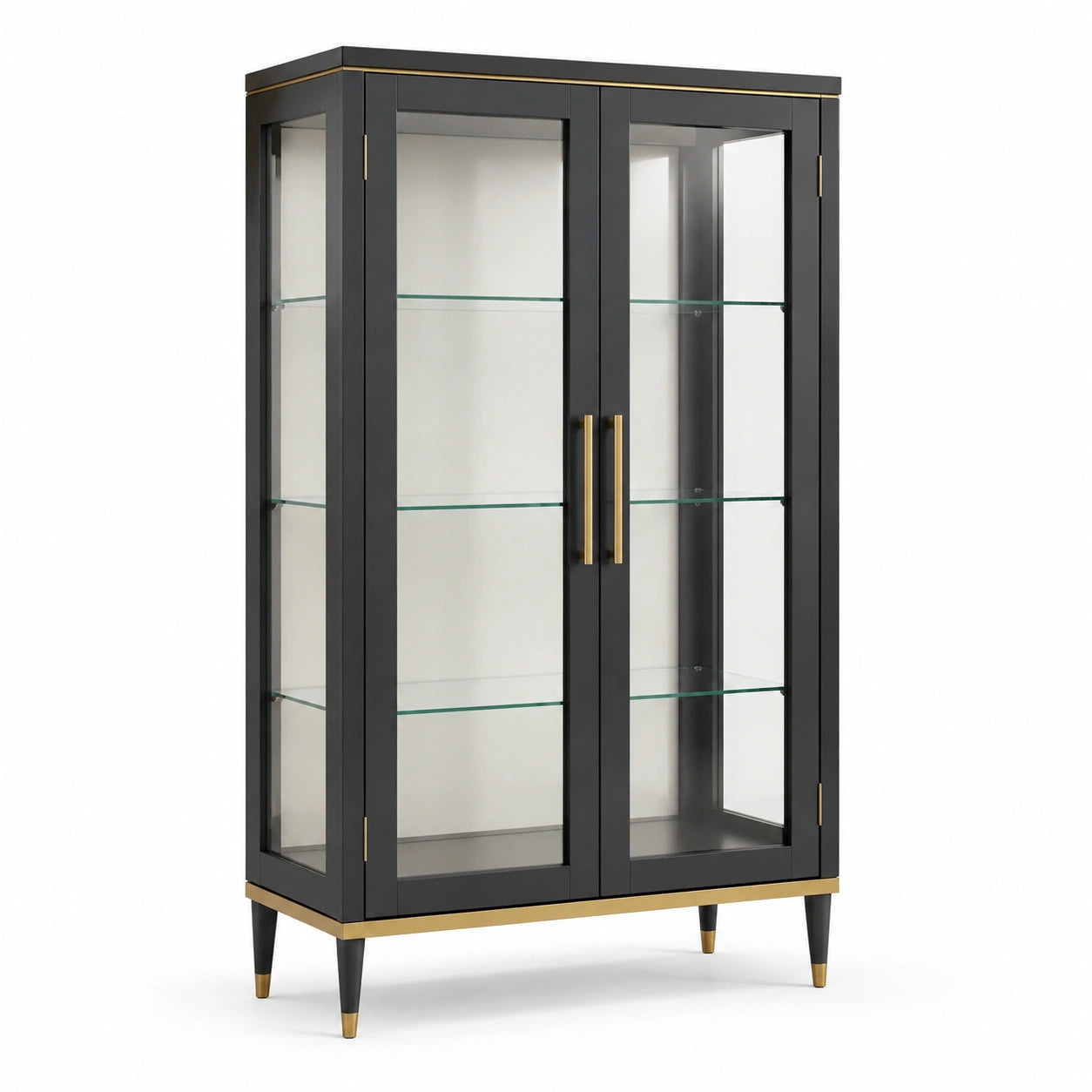 Schwarze MDF-Vitrine mit Sicherheitsglas und Goldakzenten, 180 cm hoch