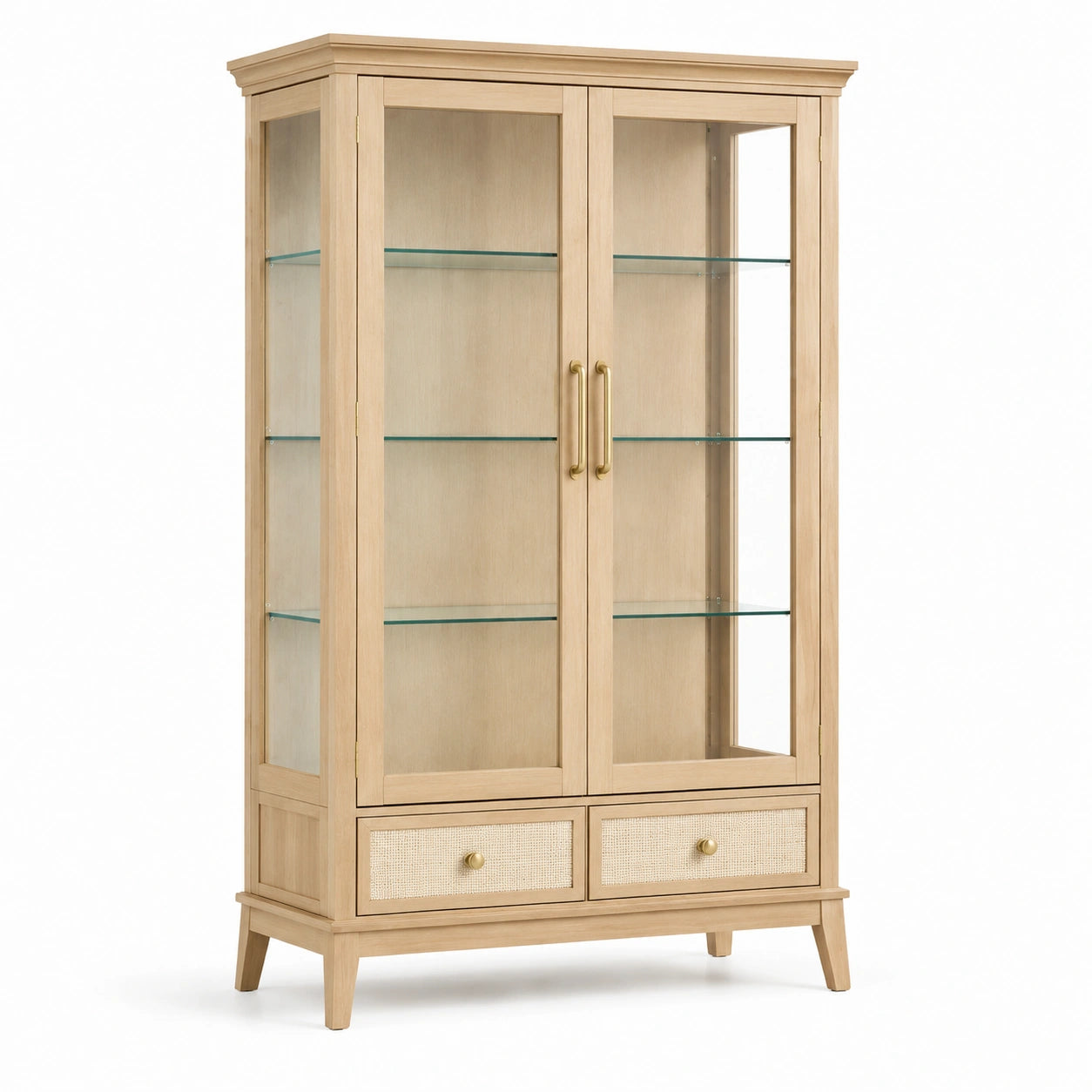 Holzvitrine mit gehärtetem Glas und Schubladen in Natur Beige