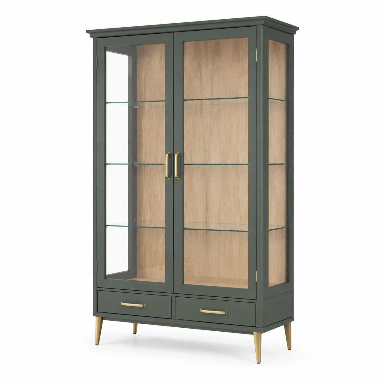 Vitrine aus Kiefernholz mit gehärtetem Glas und Metallbeinen, Grün