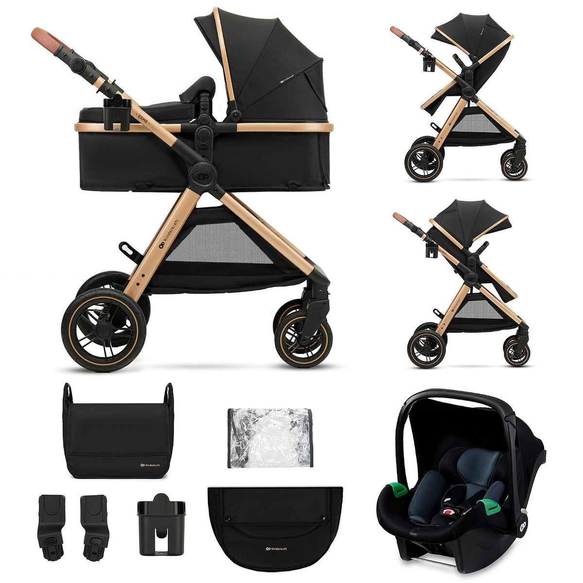 Kinderkraft ESME Kinderwagen-Set, 40–75 cm, bis 25 kg, mit Liegeposition, Schwarz/Grau