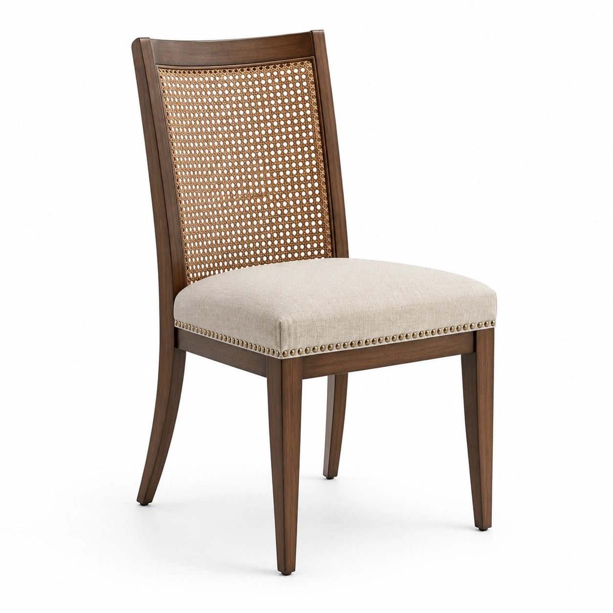 Esszimmerstuhl mit Rattan-Rückenlehne Leinenpolster Massivholz Braun Beige