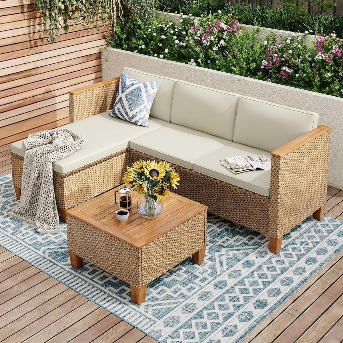 Gartenmöbel-Set 3 Teilig, wasserdicht, für den Garten und den Balkon, aus Polyrattan, Beige/Hellbraun, PHI VILLA