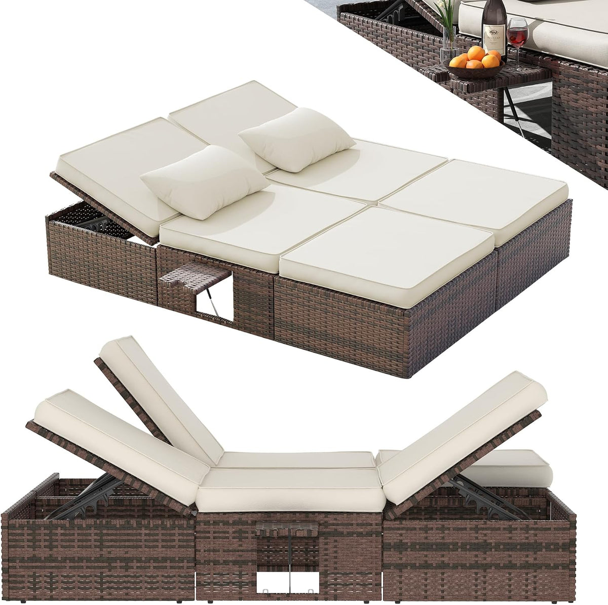 Liegen, 200 × 160 cm, verstellbar, mit Stauraum, für den Garten und die Terrasse, aus Polyrattan, Braun/Creme, UDPATIO