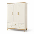 Kleiderschrank mit 3 Türen und 6 Schubladen aus Holz in Creme