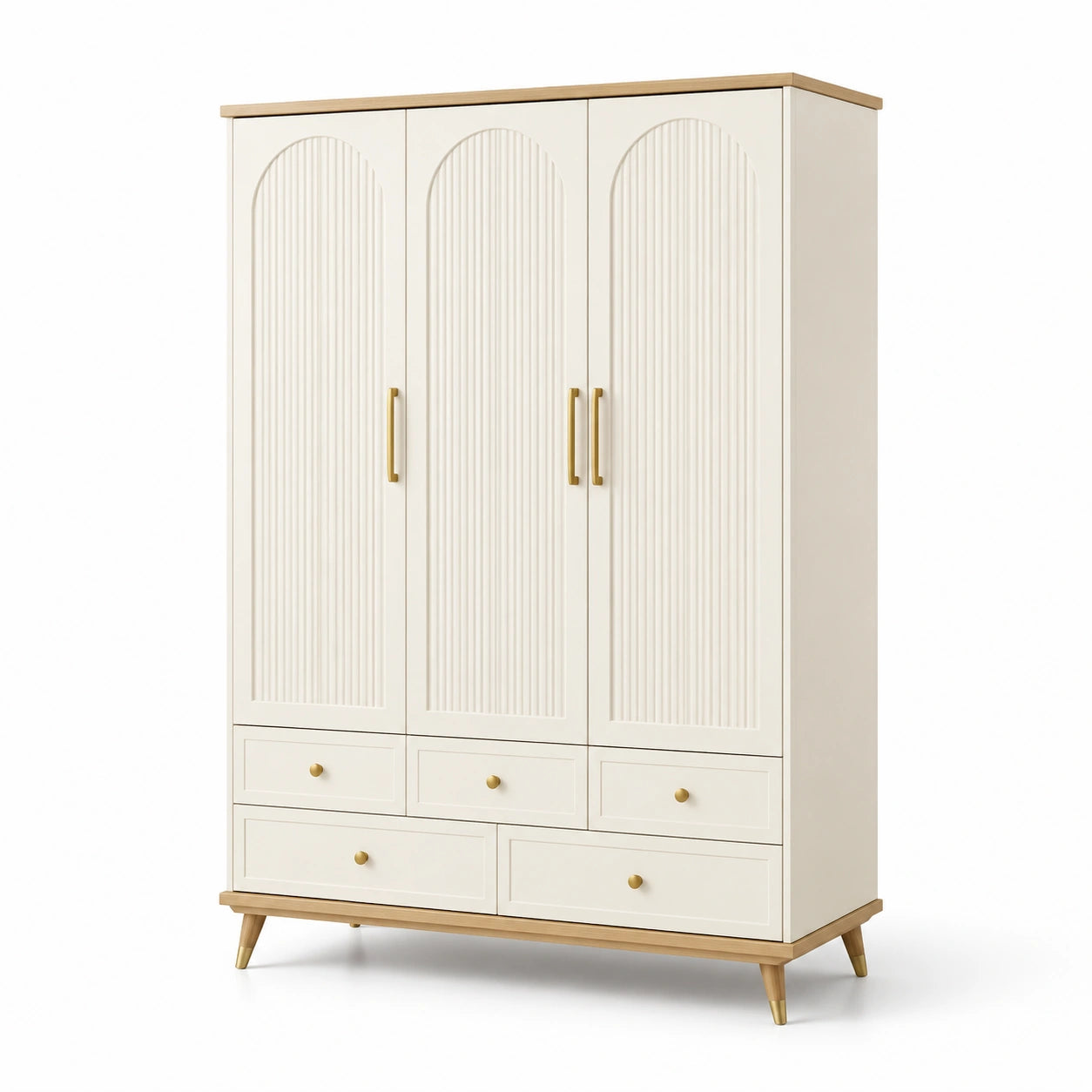 Kleiderschrank mit 3 Türen und 6 Schubladen aus Holz in Creme