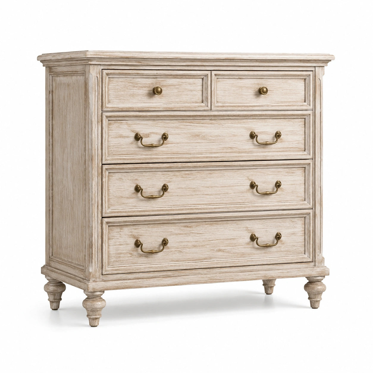 Kommode aus Eichenholz mit Messinggriffen, 5 Schubladen, 90x40x95 cm, Beige