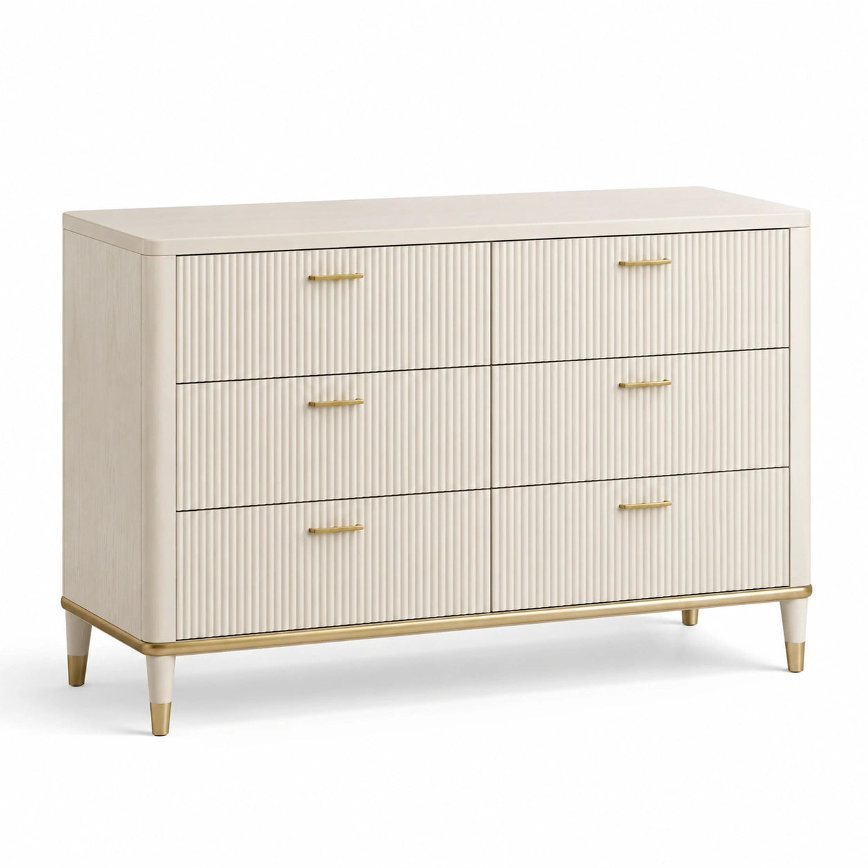 Kommode mit 6 Schubladen aus Eschenholz und Metallgriffen in Beige und Gold