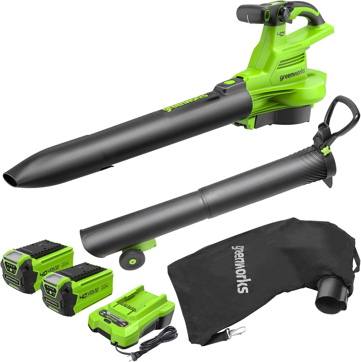 Greenworks 40V Akku Laubsauger/ Laubbläser, 45 L, 2 Ah, bürstenlos, Grün/Schwarz/Grau