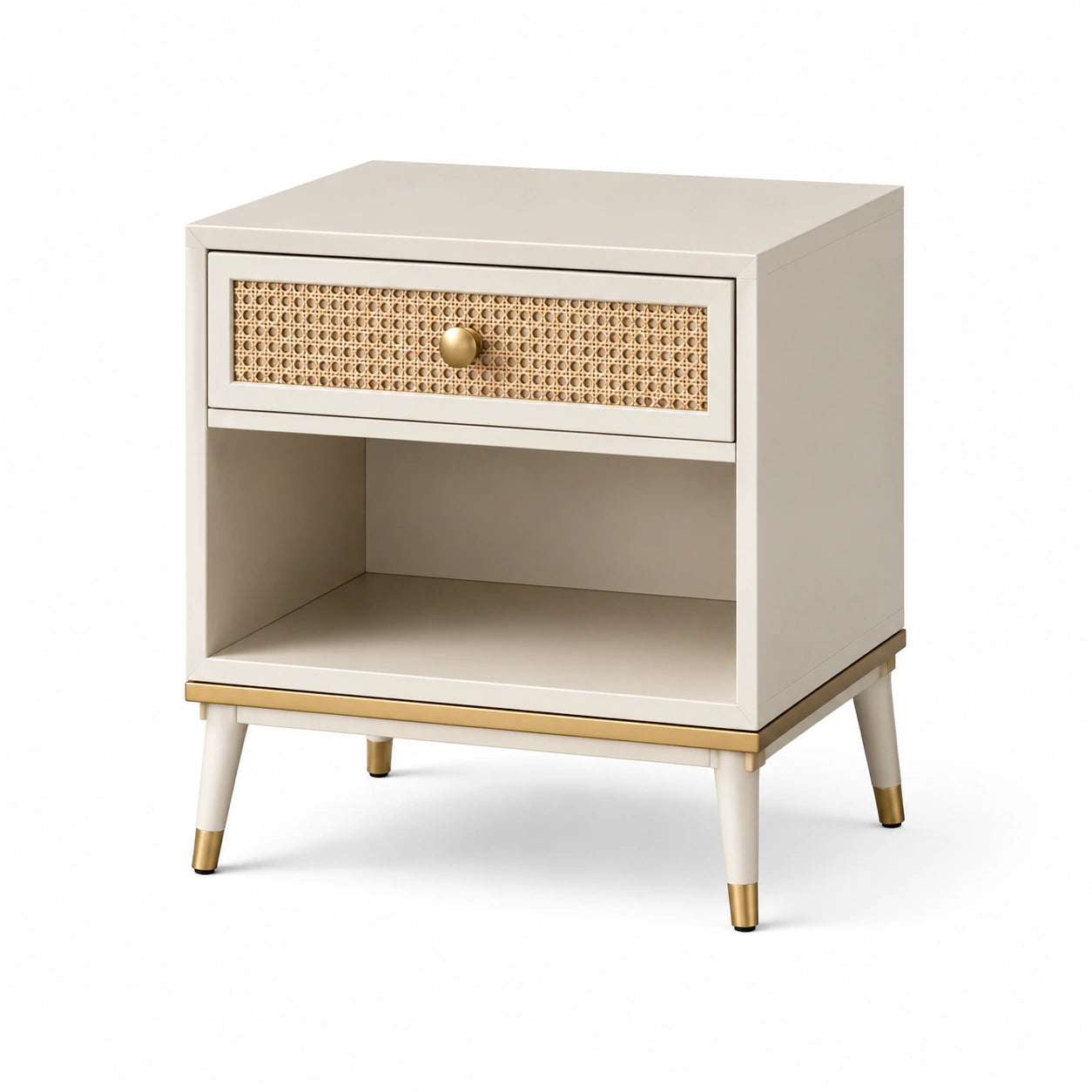 Nachttisch Beige MDF mit Geflecht Schublade und Goldakzenten