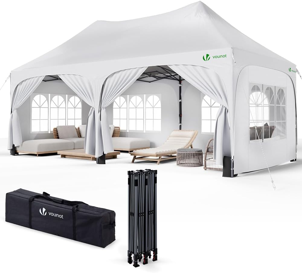 Gartenpavillon, 3 × 6 m, mit 6 Seitenteilen, UV-Schutz 50+, wasserdicht, winterfest, für den Garten, Weiß, VOUNOT