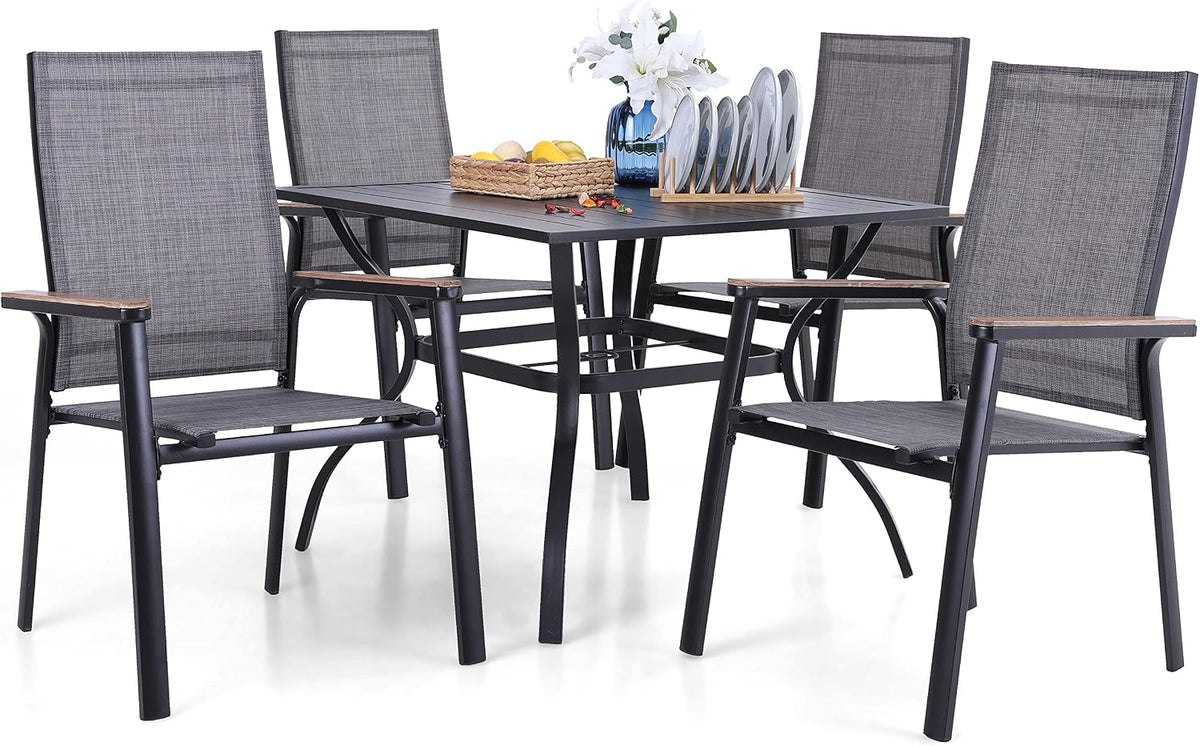 Essgruppe, 4 cm, aus Aluminium und Metall, mit Sonnenschirmöffnung, für den Garten und die Terrasse, Schwarz/Grau, MFSTUDIO