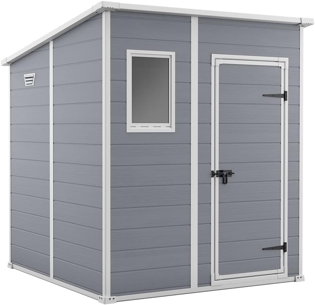 Gerätehaus Manor Pent 6x6 Gartenhaus, 6 × 6 m, mit Vorhängen, für den Garten, aus Kunststoff und Stoff, Grau/Weiß, Keter