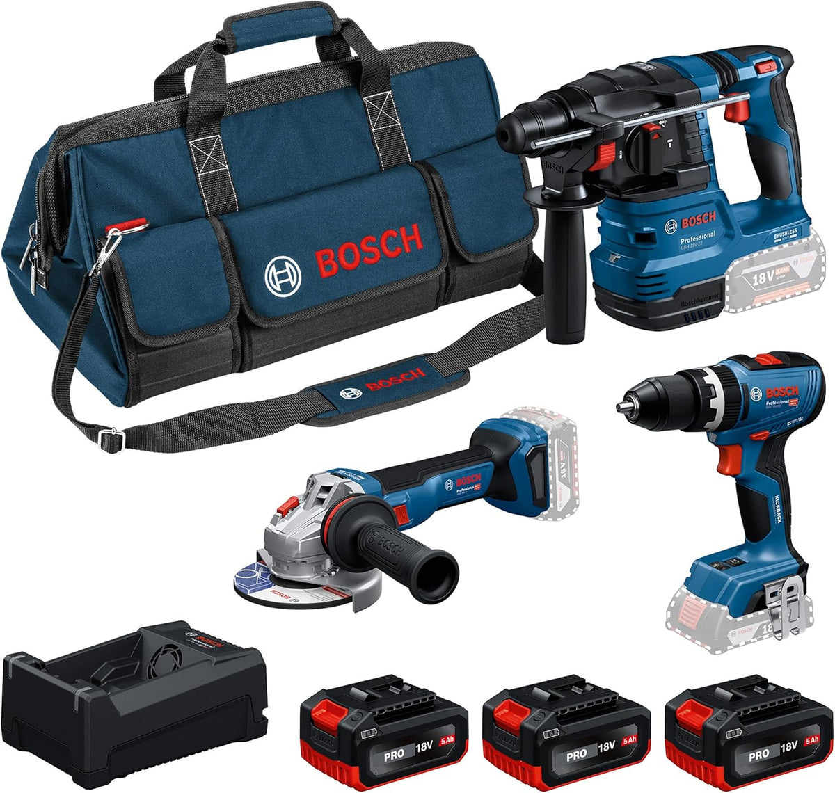 Bosch PRO 18V System Combo Akku-Bohrschrauber, 12 V, 5.0 Ah, Blau/Schwarz/Rot
