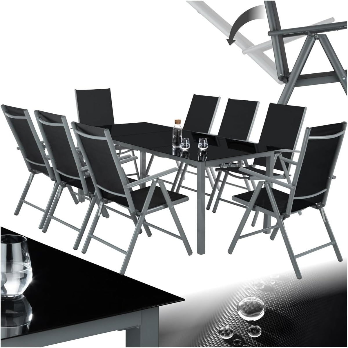 Gartenmöbel-Set Aluminium Sitzgruppe 8+1, ca. 3,5 kg, ca. 29 kg, klappbar, verstellbar, für den Garten und die Terrasse, aus Aluminium und Glas