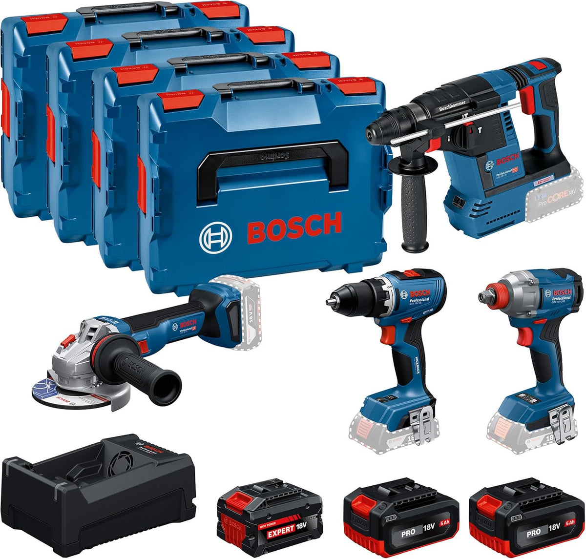 Bosch PRO 18V System Combo Akku-Bohrschrauber, 12 V, 5.0 Ah, Blau/Schwarz/Rot