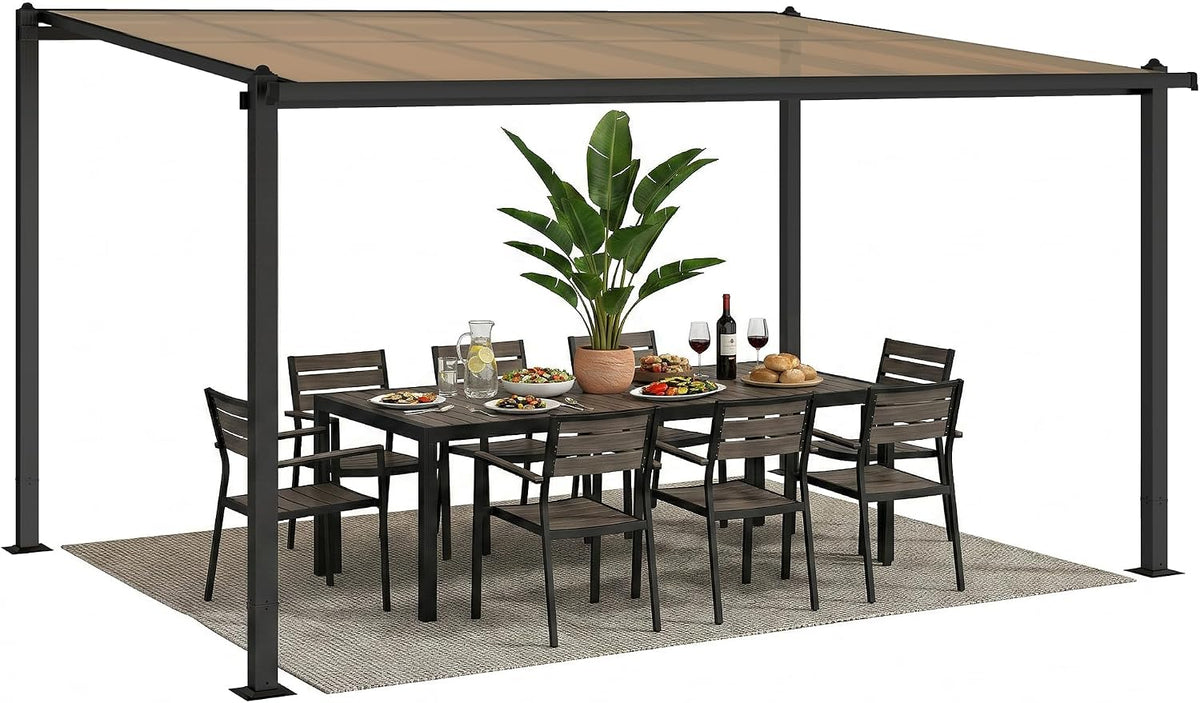 Outsunny Anbaupergola 3 Pergola, 3,8 × 3 m, wasserdicht, aus Aluminium, Dunkelgrau/Beige