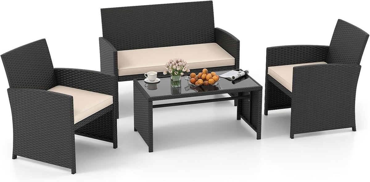 Gartenmöbel-Set, aus Polyrattan und Glas, für den Garten und den Balkon, Schwarz/Beige, SOARS