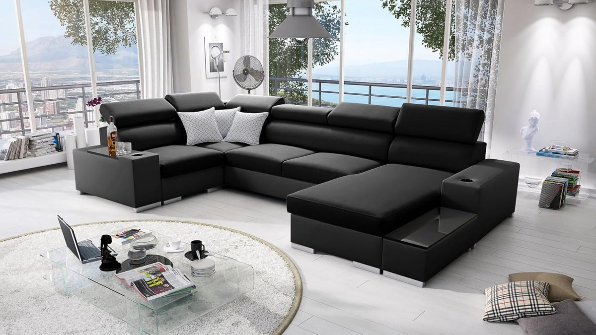 Sofa, 335 cm, verstellbar, aus Kunstleder und Leder, Schwarz, All4All