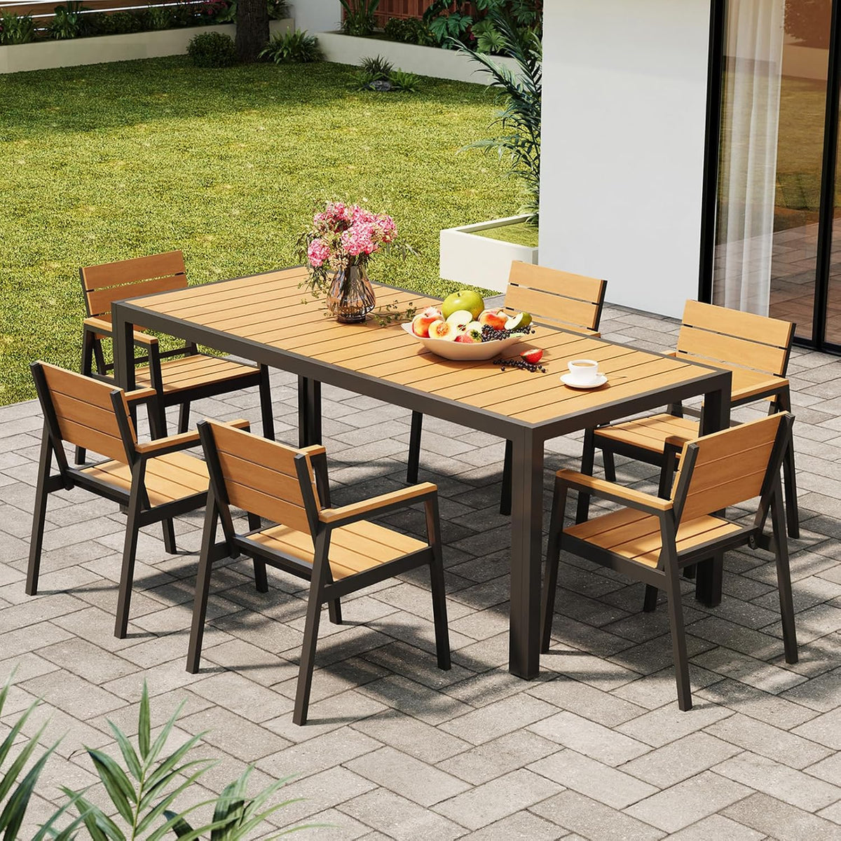 Gartenmöbel-Set, mit USB, für den Garten, Schwarz/Holzoptik, Devoko