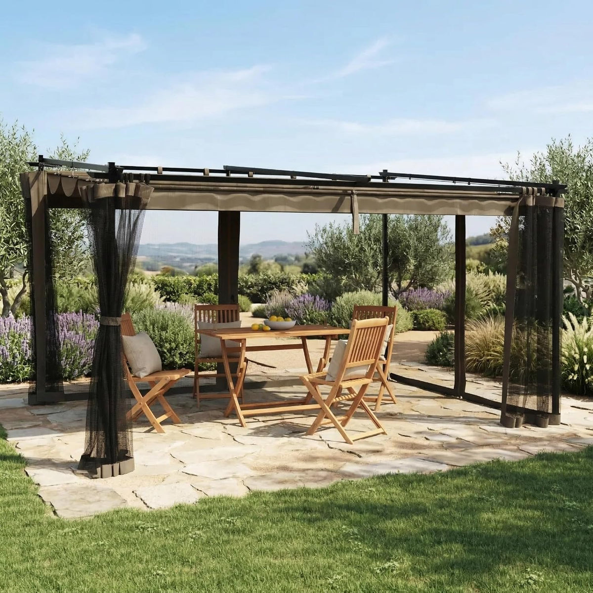 Gartenpavillon, 4 × 3 m, 2 m, mit Schiebedach, für den Garten und die Terrasse, aus Aluminium und Stahl, Anthrazit/Taupe, Zenithz