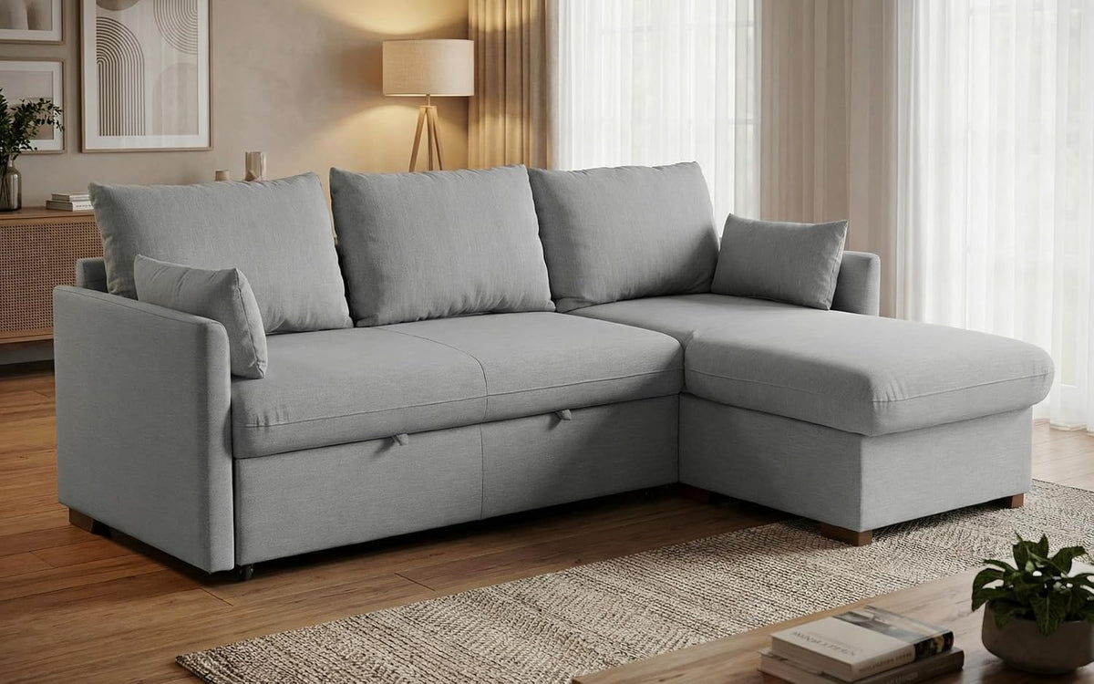 Sofa Orlando Ecksofa Schlafsofa 3, 221 × 160,5 × 88 cm, aus Stoff, wasserabweisend, mit Stauraum, Grau, BUDWING