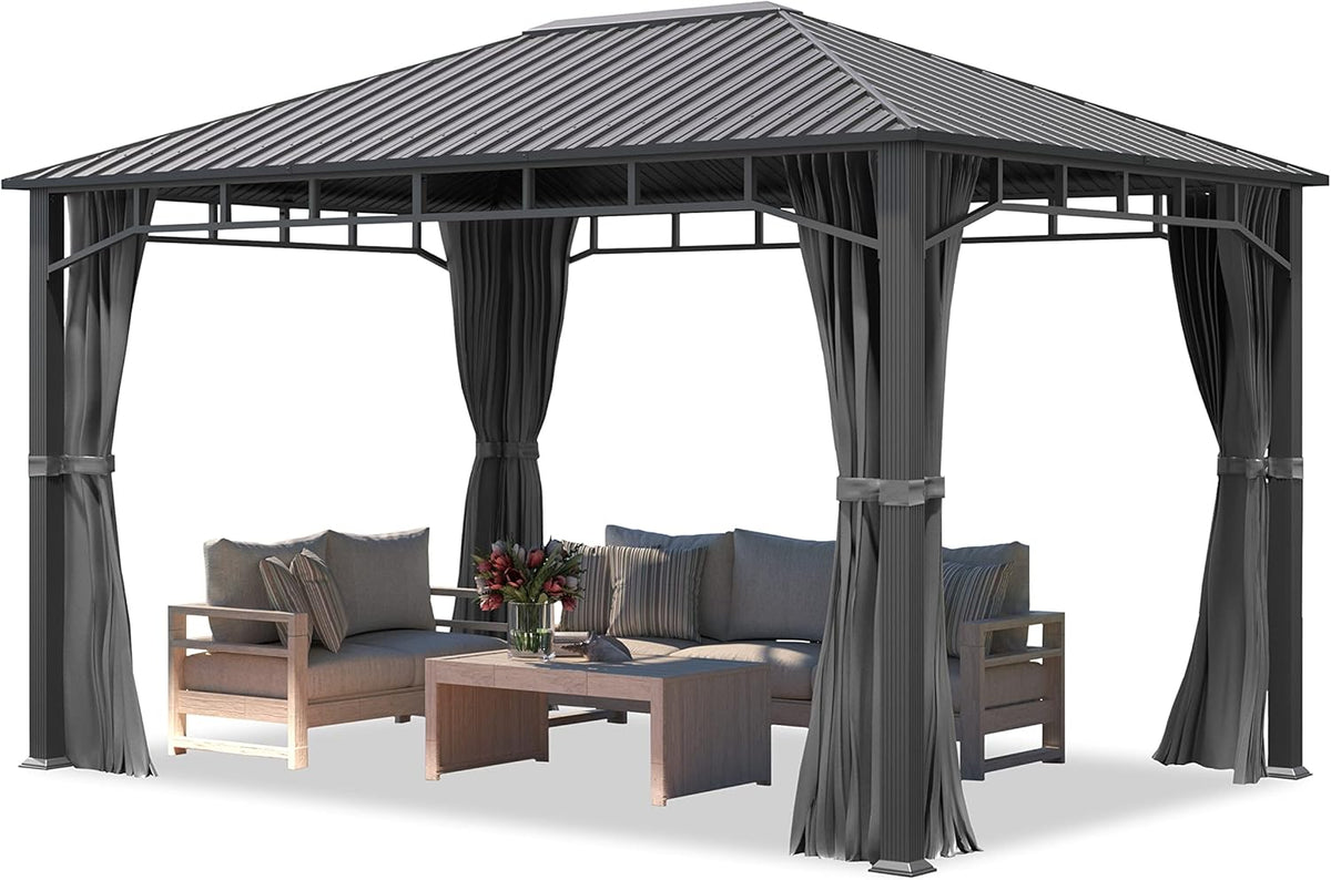 TOOLPORT Gartenpavillon, 3 × 4 m, aus Stahl, mit Hardtop-Dach, mit 4 Seitenteilen, für den Garten, Grau