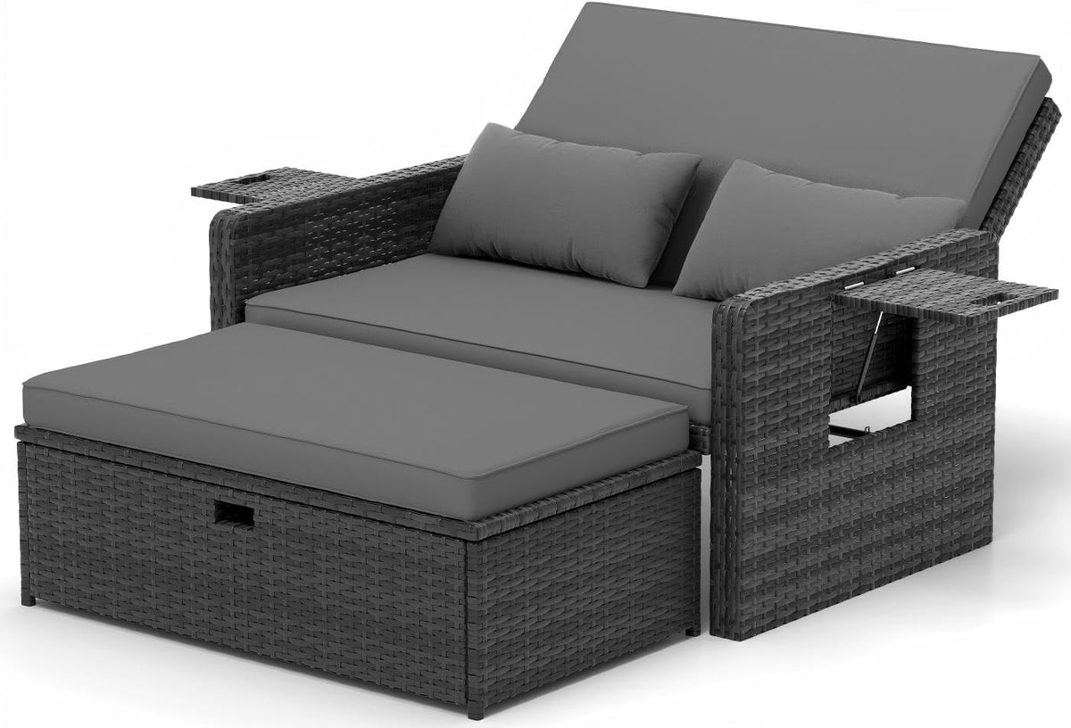 Sofa, verstellbar, mit Stauraum, für den Garten und die Terrasse, aus Polyrattan, Grau, UDPATIO