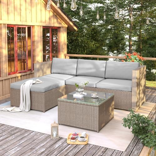 Gartenmöbel-Set, wasserabweisend, für den Garten und den Balkon, aus Polyrattan und Glas, Grau/Beige, chellago