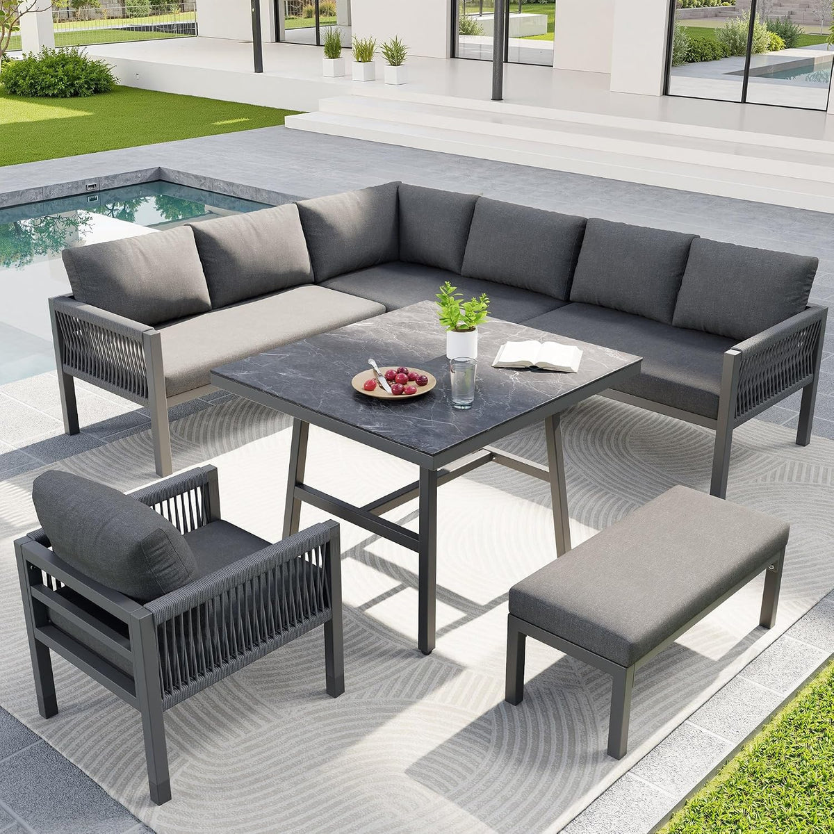 Sofa, wasserabweisend, aus Glas, für den Garten und die Terrasse, Grau, Lahoomu
