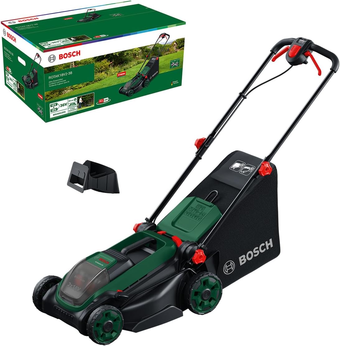 Bosch ROTAK18V2-38 Rasenmäher, 30–75 mm, 40 l, 38 cm, ohne Akku, mit Magnetverschluss, bürstenlos, Schwarz/Grün, aus Stoff