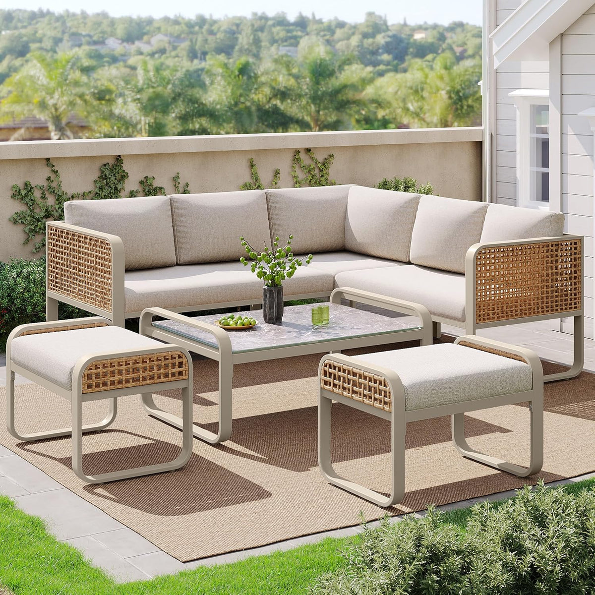 Gartenmöbel-Set, verstellbar, aus Polyrattan, für den Garten, Beige, Idemon