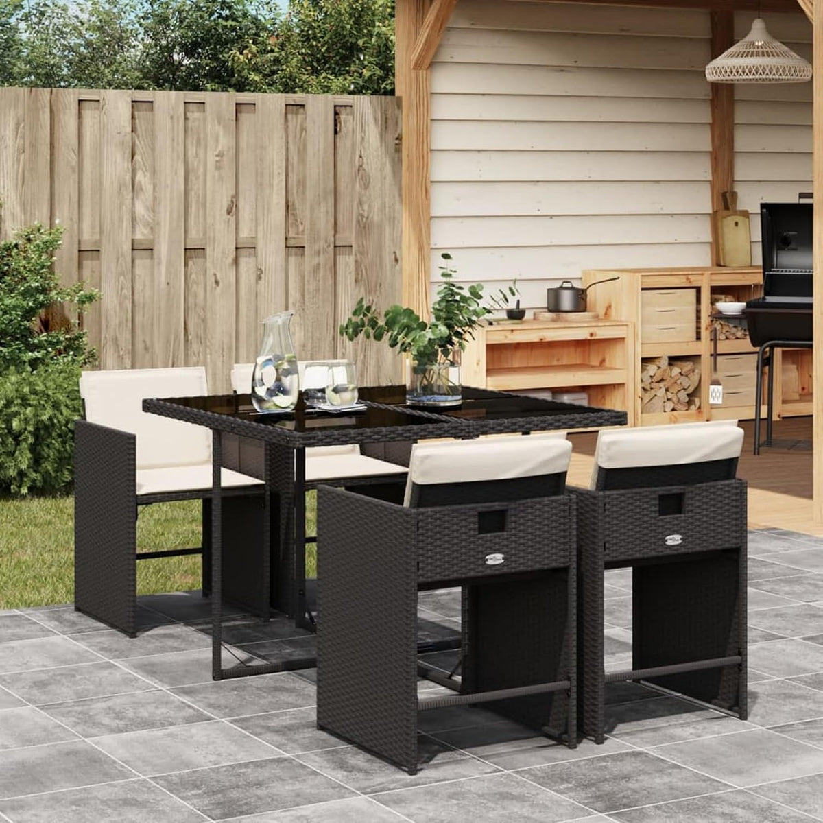 Gartenmöbel-Set, aus Polyrattan, wasserdicht, klappbar, für den Garten, Schwarz/Creme, Verderoom