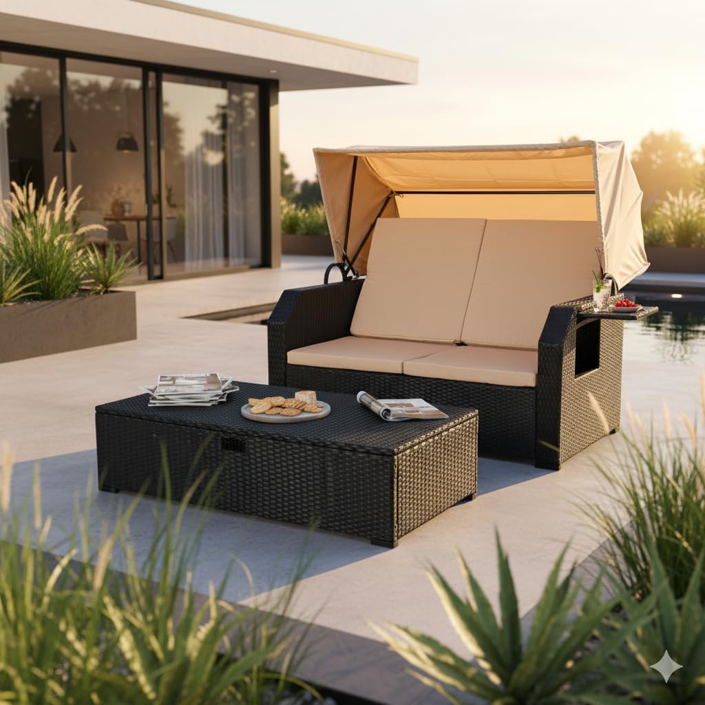 Terrassen Sitzmöbel, aus Polyrattan, klappbar, verstellbar, für den Garten und den Balkon, Schwarz/Beige, Mucola