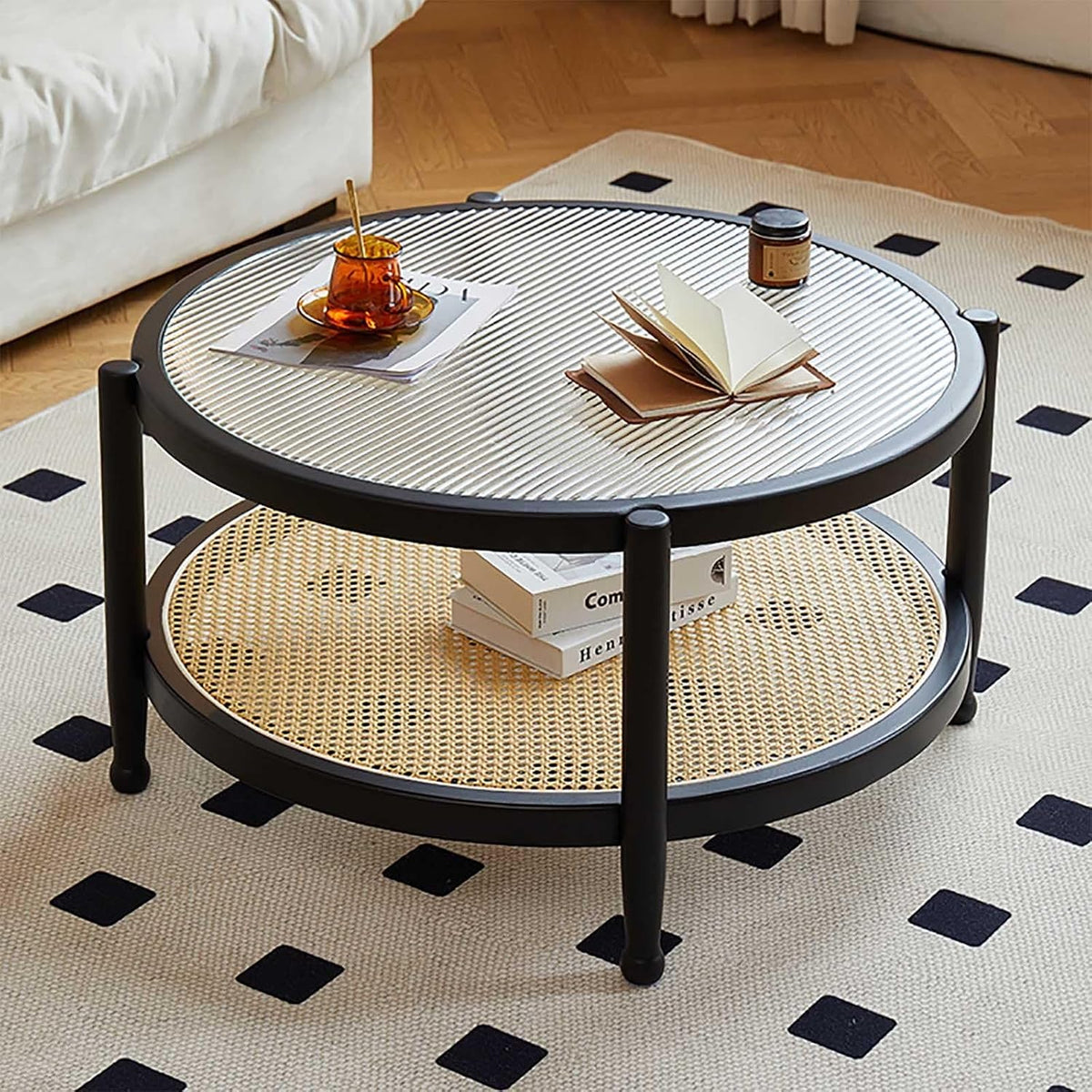 Beistelltisch, 80 cm, für das Wohnzimmer und das Schlafzimmer, aus Polyrattan und Glas, Schwarz/Natur, SeraphicCharm