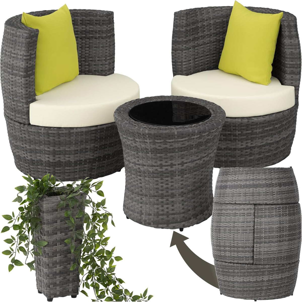 Gartenmöbel-Set Rattan Set 2 Personen, ca. 0,5 kg, aus Aluminium und Polyrattan, für den Garten und den Balkon, Grau/Creme/Gelb, tectake