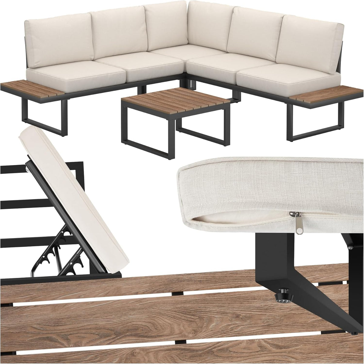 Gartenmöbel-Set Gartenlounge Set 4, aus Aluminium, verstellbar, wasserabweisend, für den Garten und die Terrasse, Beige/Braun/Schwarz, tectake