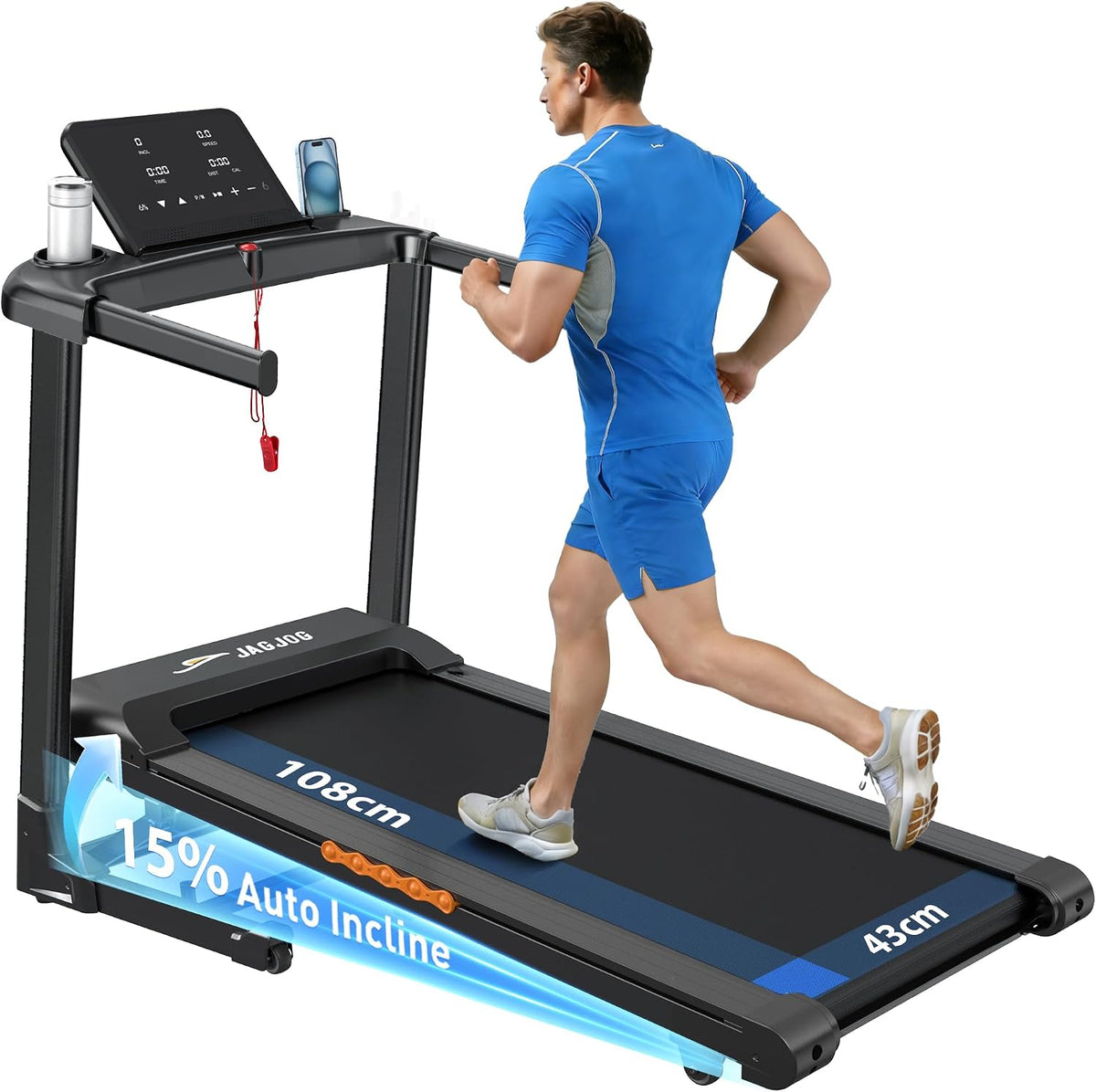 Laufbänder, 1–14 km/h, 136 kg, klappbar, mit LED, Schwarz/Blau, JAGJOG