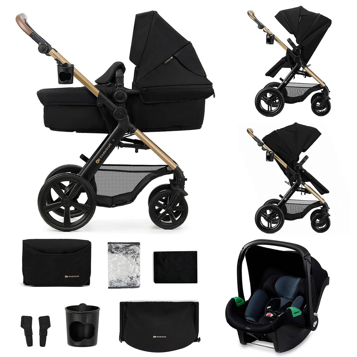Kinderkraft in-1 Kinderwagen-Set, 40–75 cm, bis 27 kg, mit Moskitonetzen, UPF50+, verstellbar, Schwarz