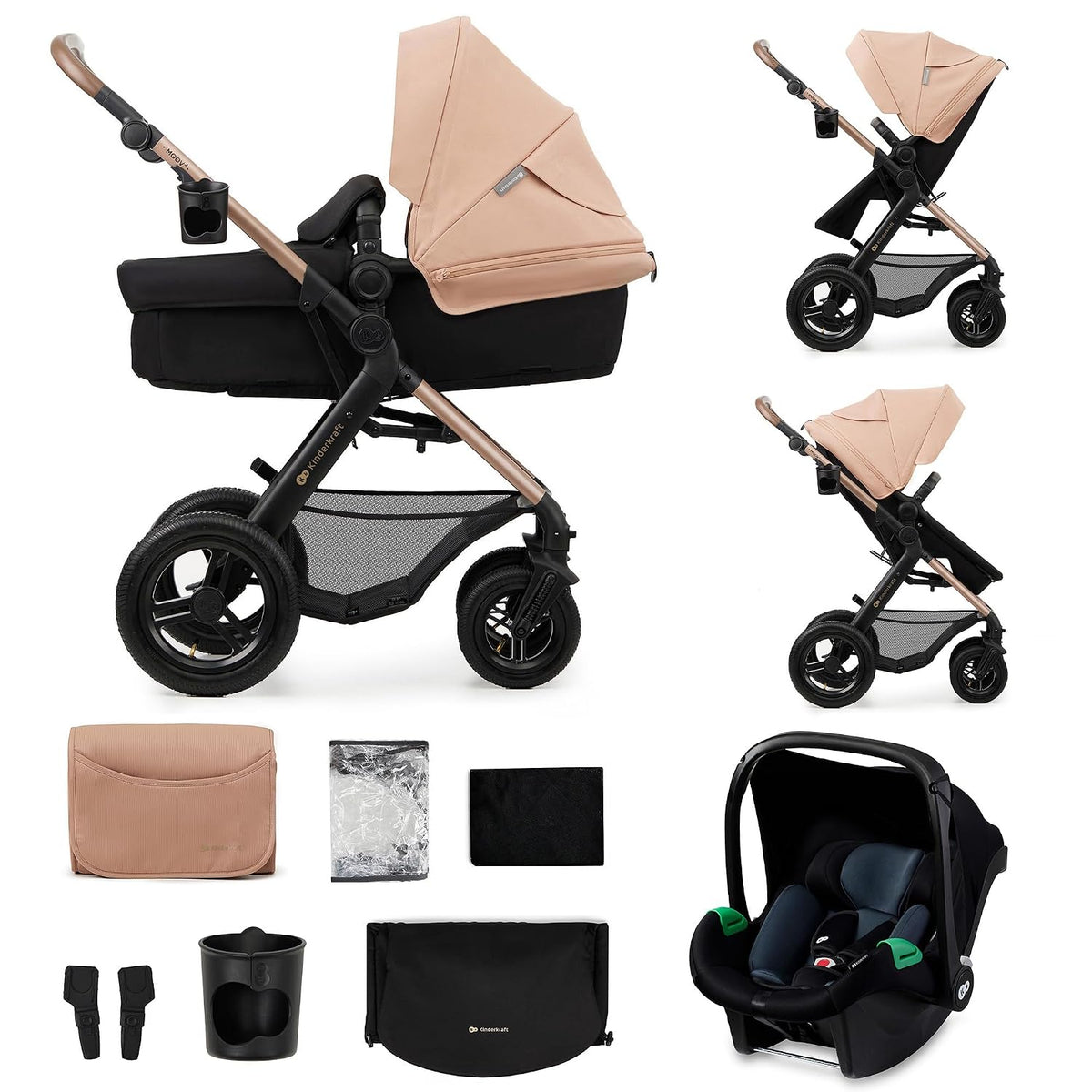 Kinderkraft MOOV2 AIR Kinderwagen-Set, 40–75 cm, bis 27 kg, verstellbar, mit Liegeposition, Beige/Schwarz